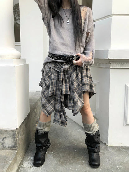 Vintage Plaid Wrap Mini Skirt High Waist Adjustable Waistband