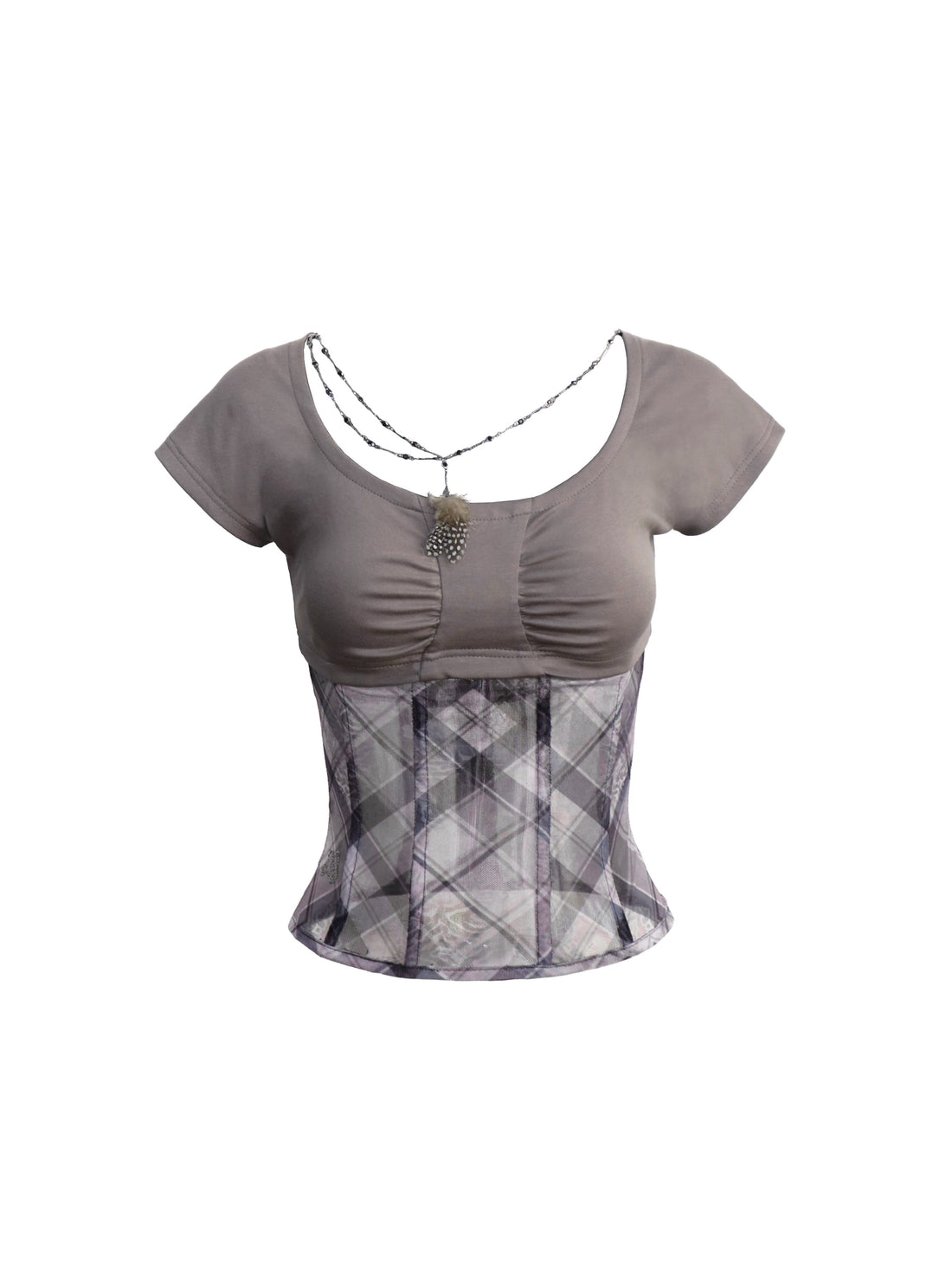 Flowers birds Market Fishbone Mesh Panel Ribbed Tee With Lattice Print And Bow Detail