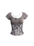 Flowers birds Market Fishbone Mesh Panel Ribbed Tee With Lattice Print And Bow Detail