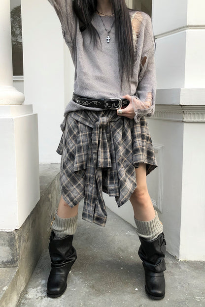 ang project Vintage Plaid Wrap Mini Skirt High Waist Adjustable Waistband
