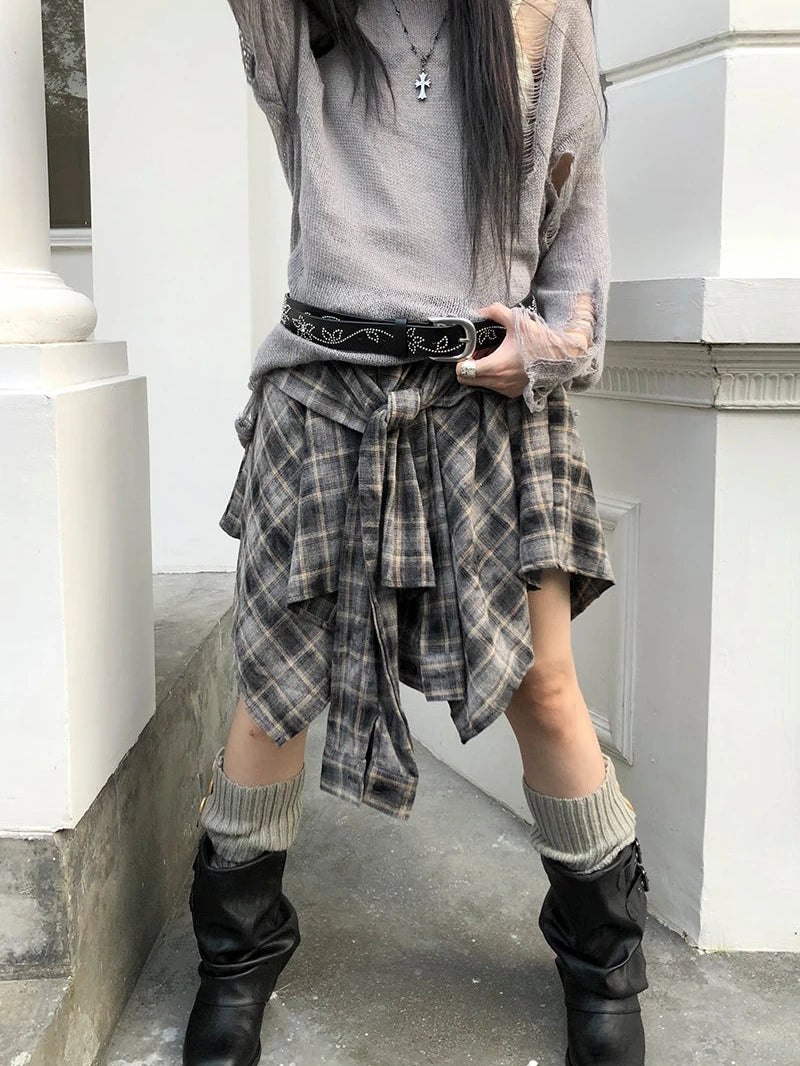 Vintage Plaid Wrap Mini Skirt High Waist Adjustable Waistband