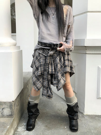 ang project Vintage Plaid Wrap Mini Skirt High Waist Adjustable Waistband