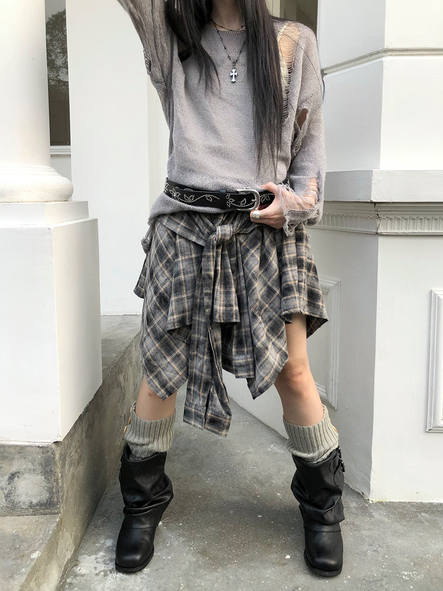 ang project Vintage Plaid Wrap Mini Skirt High Waist Adjustable Waistband