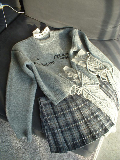Gray Oversized Knit Sweater Women Casual Layering Top