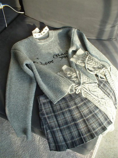 Gray Oversized Knit Sweater Women Casual Layering Top