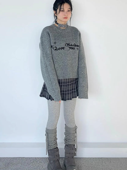 Gray Oversized Knit Sweater Women Casual Layering Top