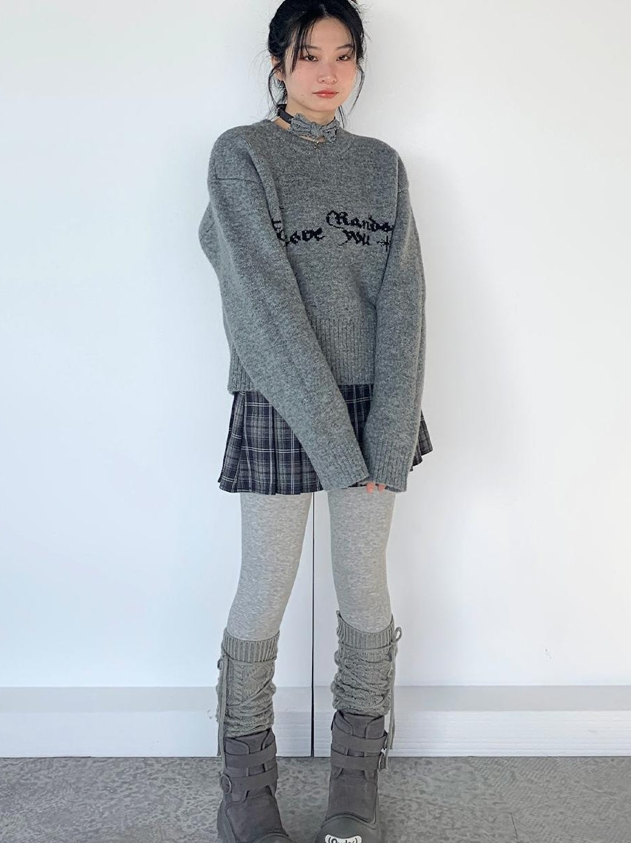 Gray Oversized Knit Sweater Women Casual Layering Top