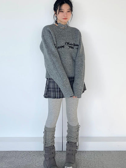 Gray Oversized Knit Sweater Women Casual Layering Top
