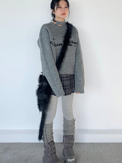 Gray Oversized Knit Sweater Women Casual Layering Top