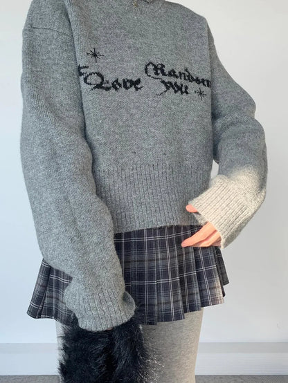 Gray Oversized Knit Sweater Women Casual Layering Top