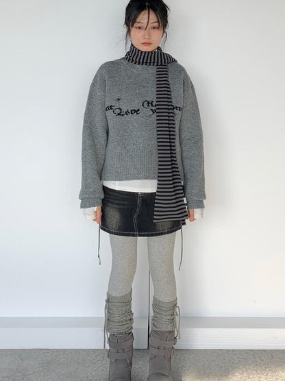 Gray Oversized Knit Sweater Women Casual Layering Top