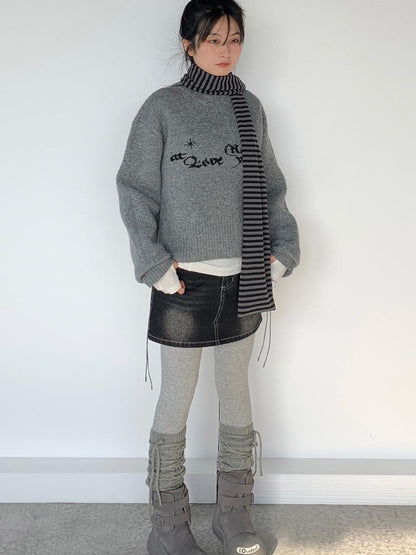 Gray Oversized Knit Sweater Women Casual Layering Top