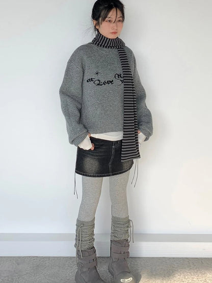 Gray Oversized Knit Sweater Women Casual Layering Top