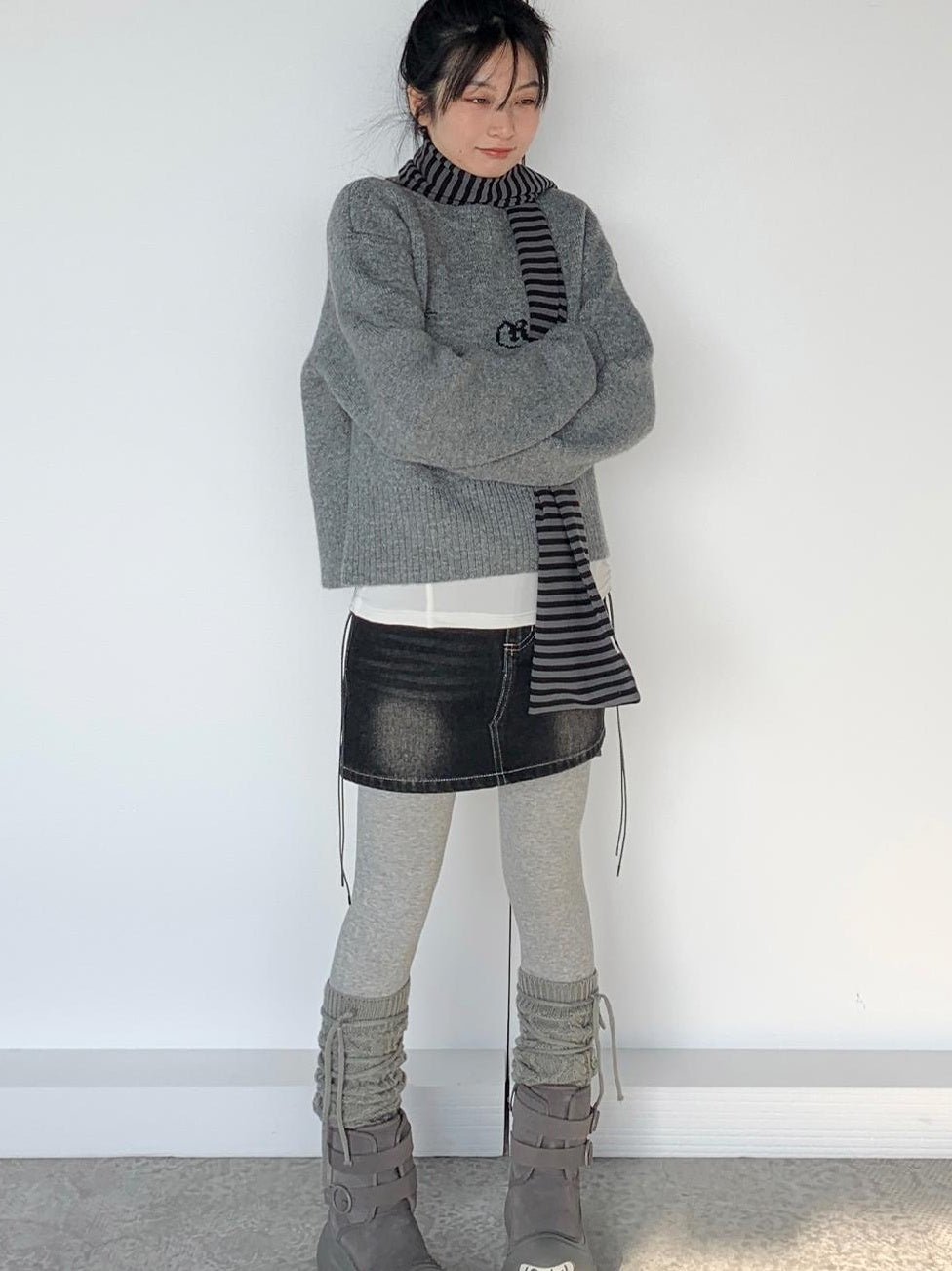 Gray Oversized Knit Sweater Women Casual Layering Top