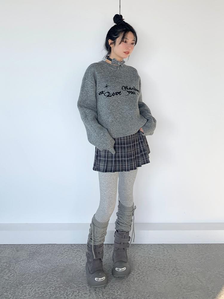 Gray Oversized Knit Sweater Women Casual Layering Top