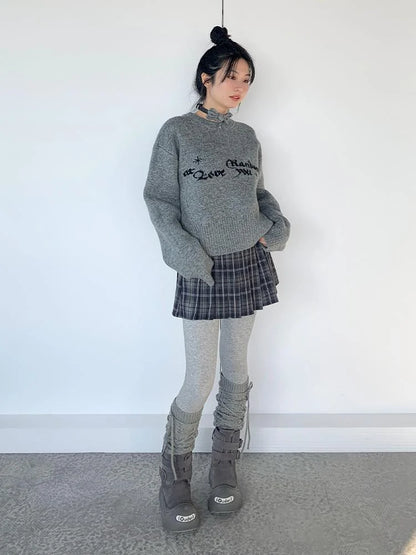 Gray Oversized Knit Sweater Women Casual Layering Top