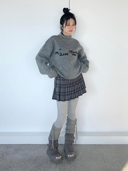 Gray Oversized Knit Sweater Women Casual Layering Top