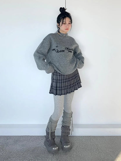 Gray Oversized Knit Sweater Women Casual Layering Top