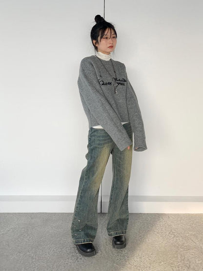 Gray Oversized Knit Sweater Women Casual Layering Top