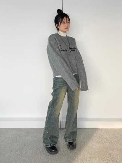 Gray Oversized Knit Sweater Women Casual Layering Top