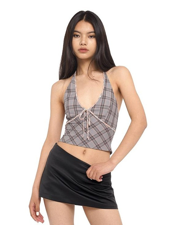 Gray Pink Plaid Halter Tube Top