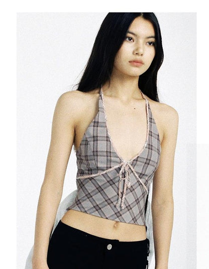 Gray Pink Plaid Halter Tube Top