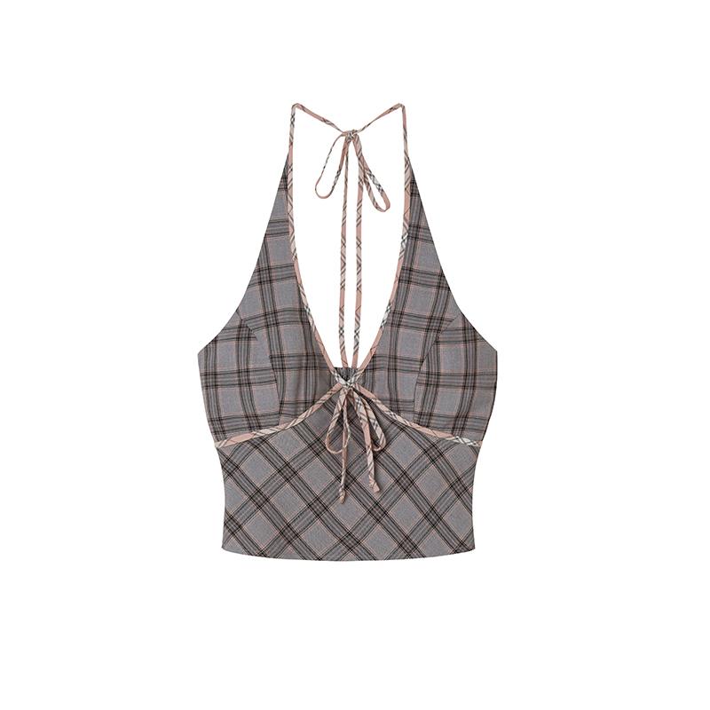 Gray Pink Plaid Halter Tube Top