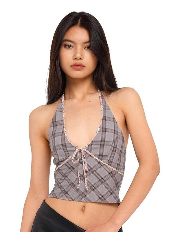 Gray Pink Plaid Halter Tube Top