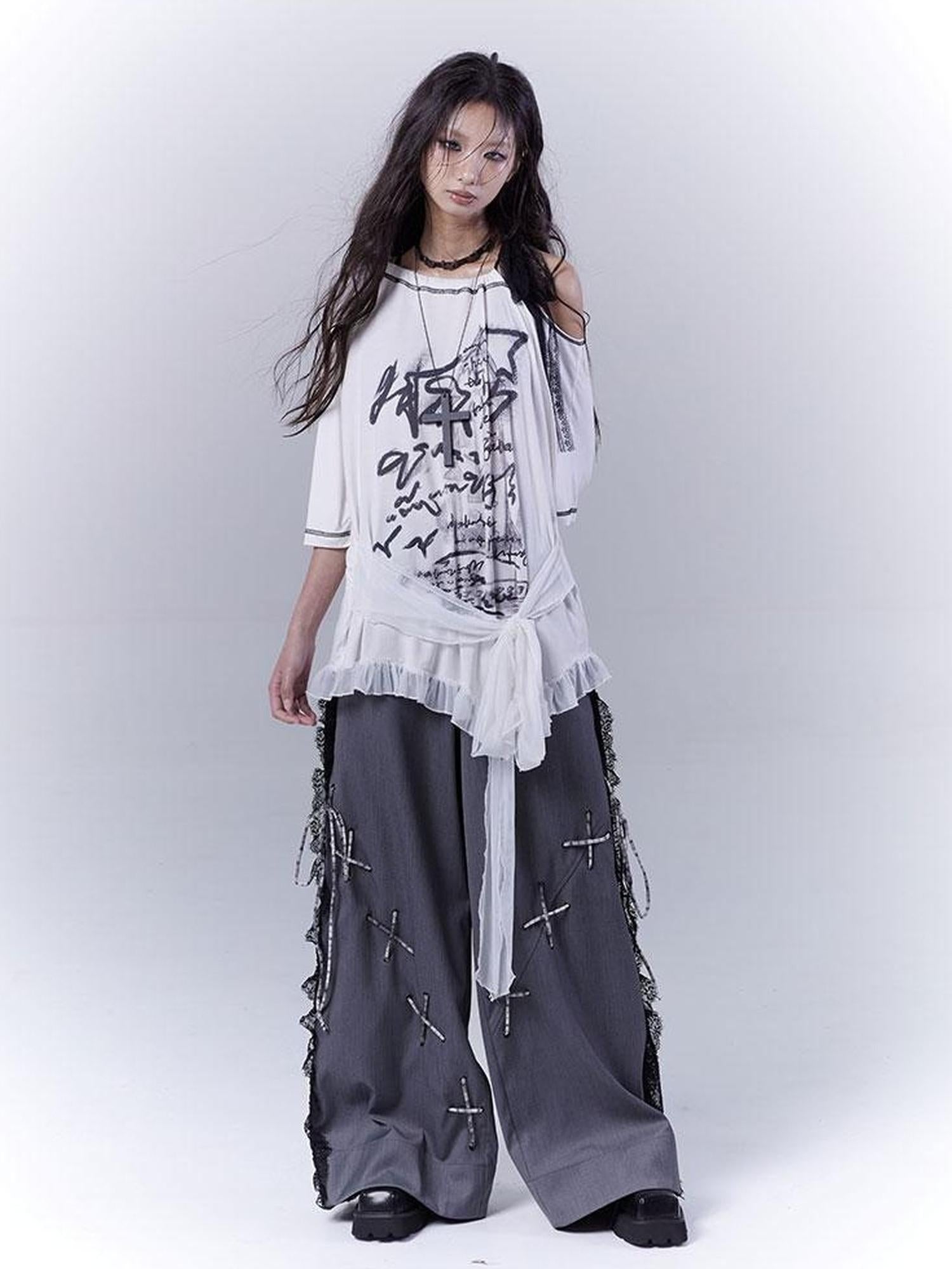 WSW WUSHENWU Gray Secret Lace Cut Suit Pants