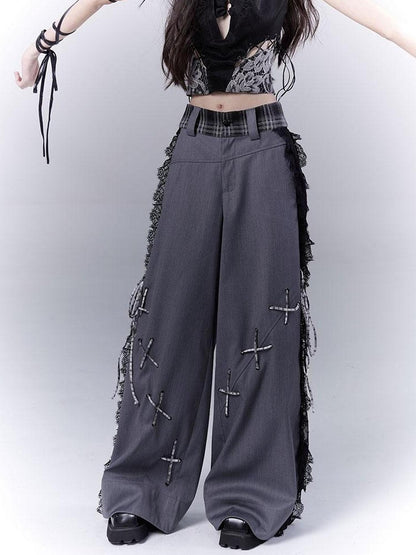 WSW WUSHENWU Gray Secret Lace Cut Suit Pants