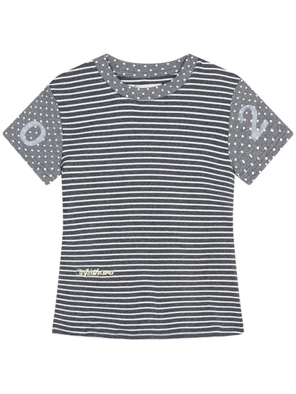 Fault Stripe Dot Print Tee Retro Vintage Style Cotton Blend