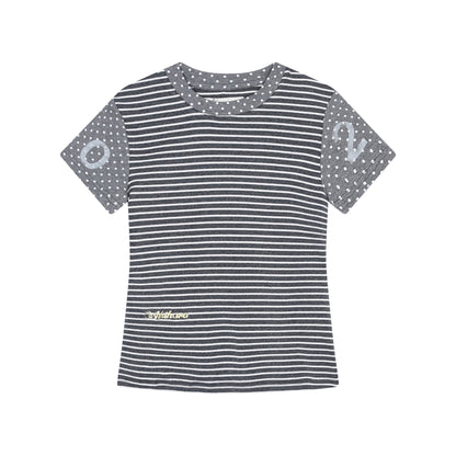 Achihara Fault Stripe Dot Print Tee Retro Vintage Style Cotton Blend