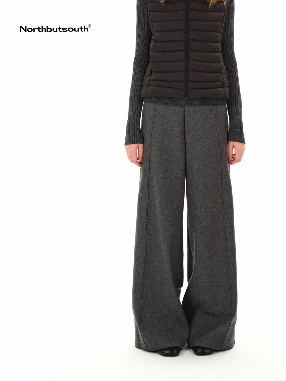 Gray Tweed Mid Waist Side Seam Wide Leg Women&