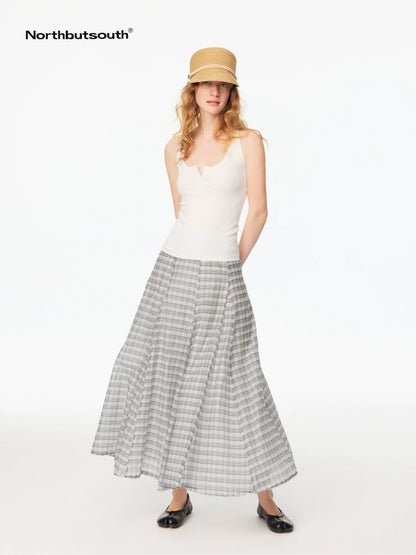 Gray White Plaid A Line Mid Low Waist Women&