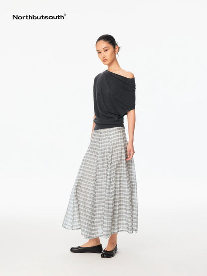 Gray White Plaid A Line Mid Low Waist Women&