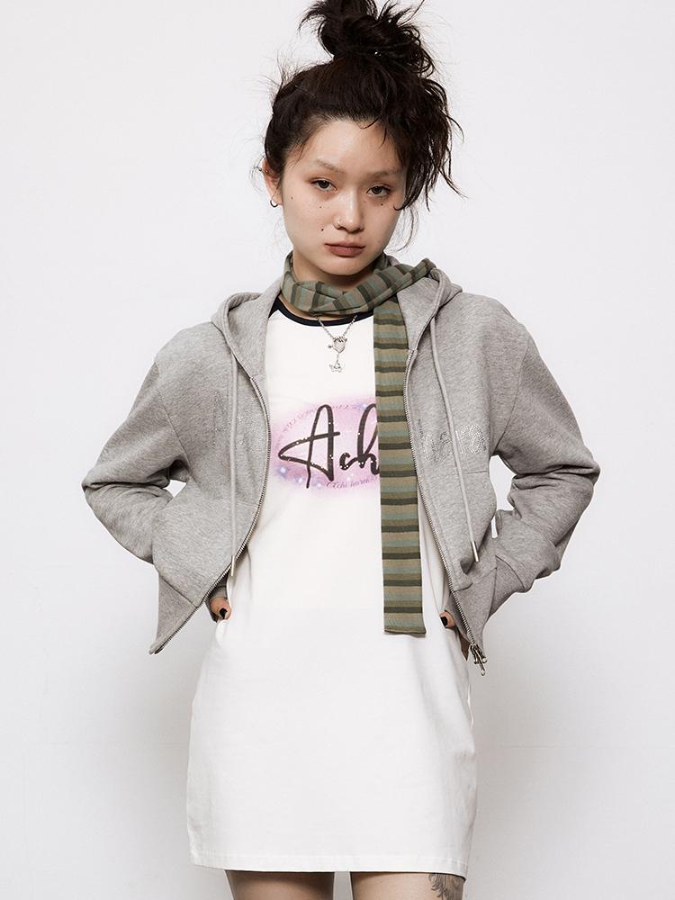 Achihara Gray White Short Hooded Rhinestone Women&
