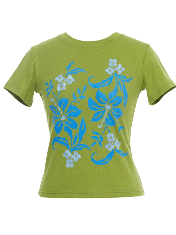 Floral Print Pixel Art Tee In Apple Green