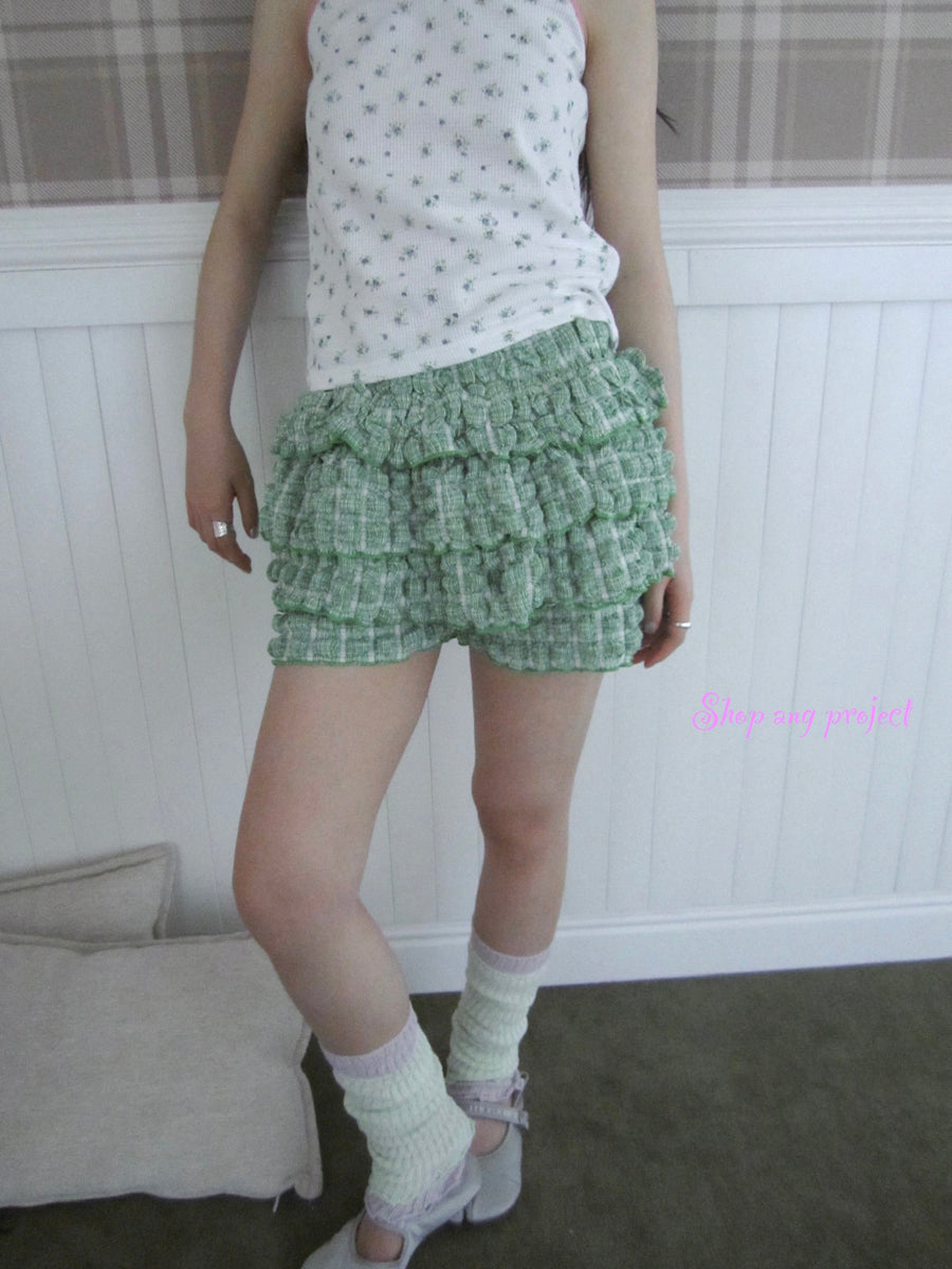 ang project Summer Dopamine Green Plaid Ruffle Cake Skort
