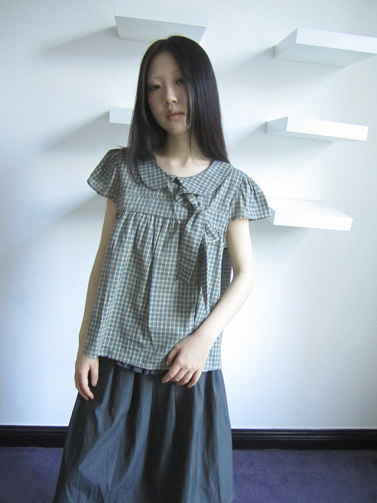 ang project Vintage Checkered Bow Tie Short Sleeve Blouse