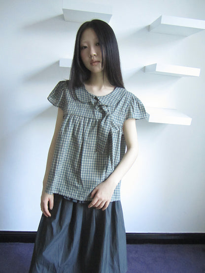 ang project Vintage Checkered Bow Tie Short Sleeve Blouse