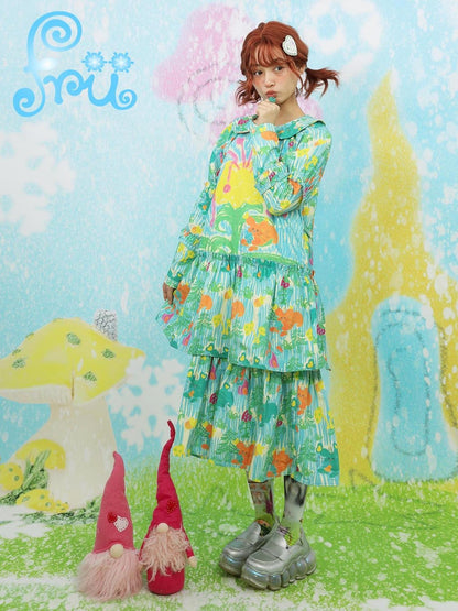 Frufru Gulu Green Print Puff Sleeve Winter Dress With Detachable Collar