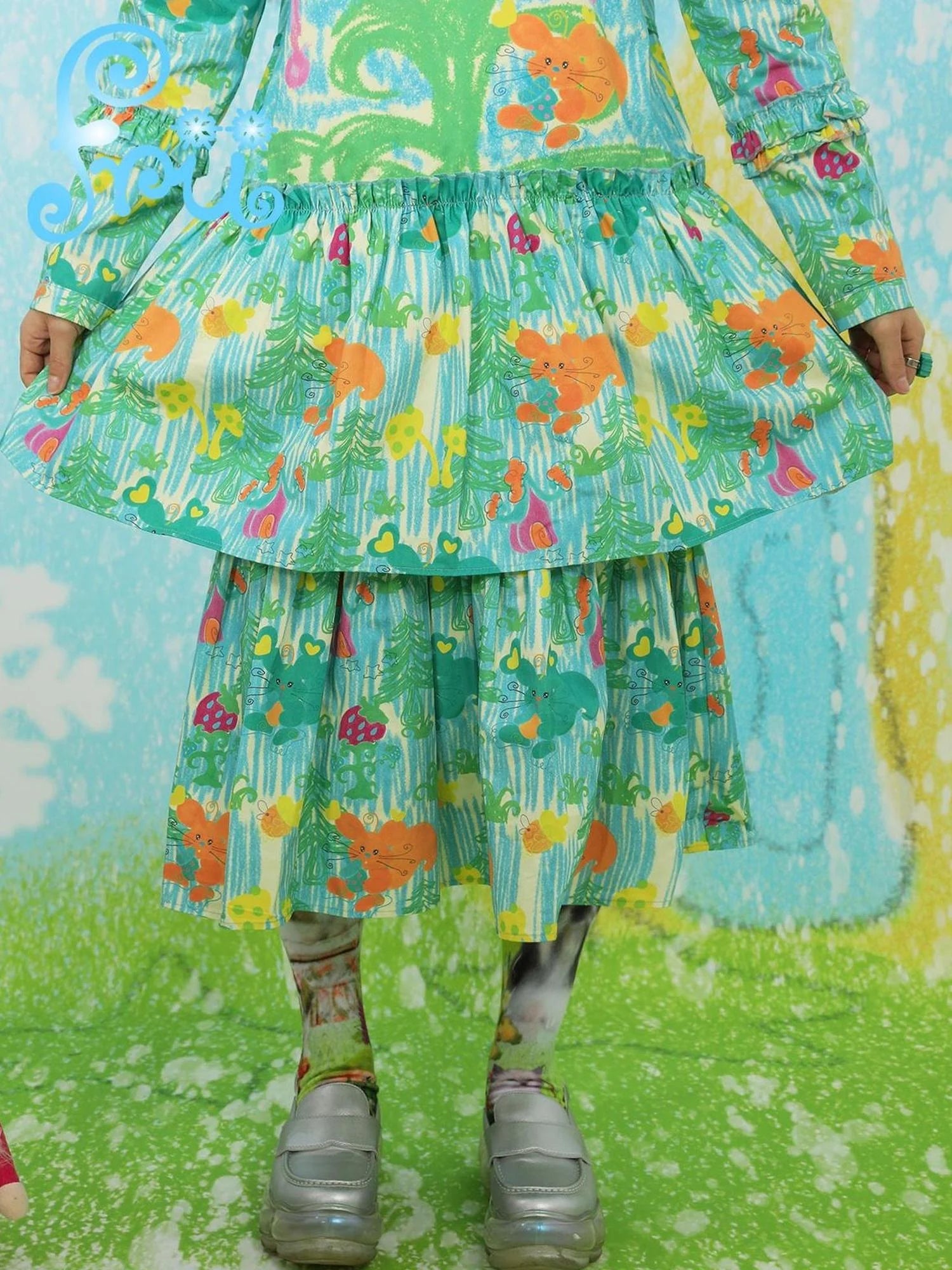 Green Print Puff Sleeve Winter Dress With Detachable Collar