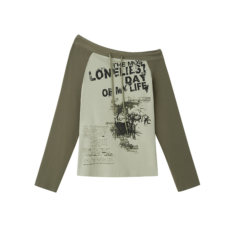Cest Nous Run From Bad Love Asymmetrical Shoulder Graphic Knit Top