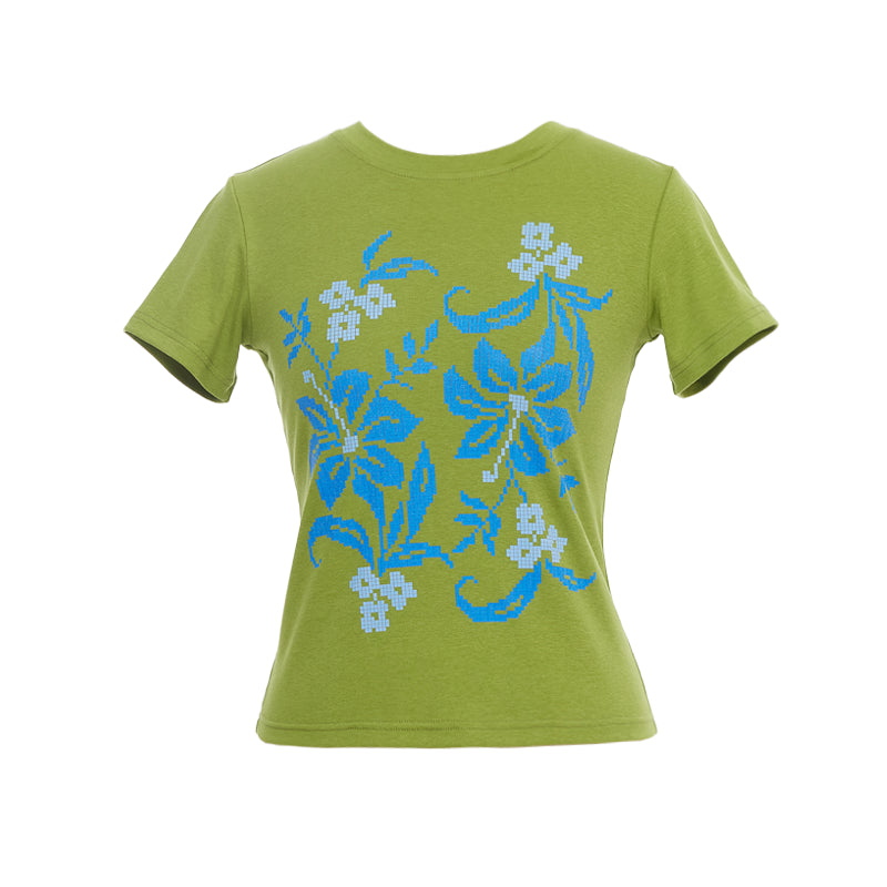 Floral Print Pixel Art Tee In Apple Green