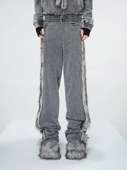 Washed Raw Hem Straight Leg Elastic Waist Pants