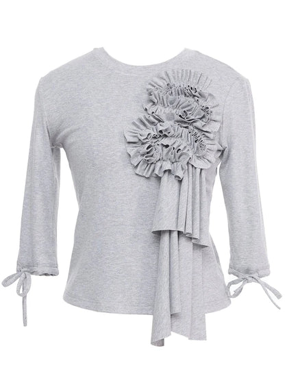 Lace Trimmed Gray Knit Tee With Bow Cuffs
