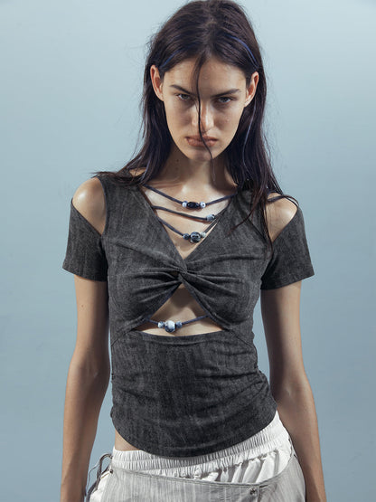UpdateNN NORTH NODE Piscean Loom Ethereal Threads V-Neck Beaded T-Shirt