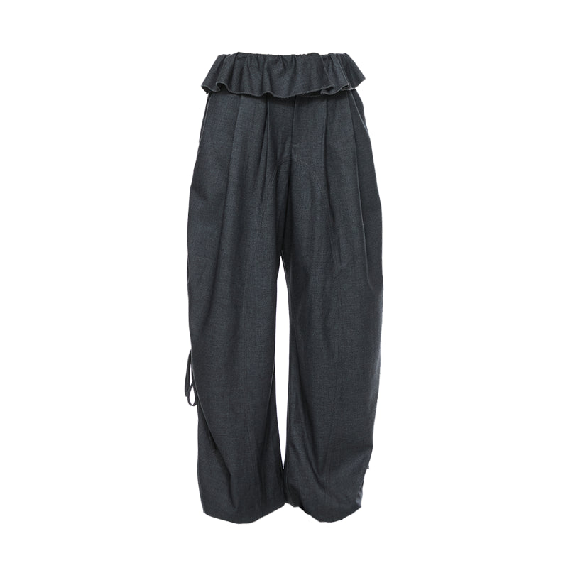 YOSHUYUKI Grey Wool Tapered Trousers With Lace Trim