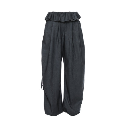 YOSHUYUKI Grey Wool Tapered Trousers With Lace Trim