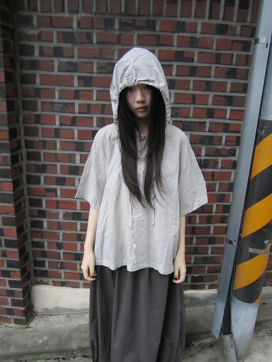 Vintage Plaid Short Sleeve Hooded Shirt